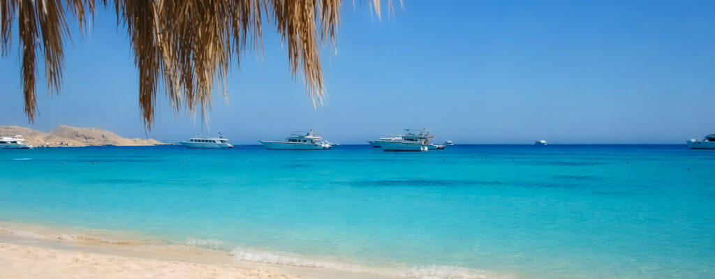 Strand an türkisblauem Meer, Palmenblätter am oberen Rand, Boote am Horizont